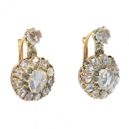 Antique Rose Cut Diamond Cluster Drop Earrings