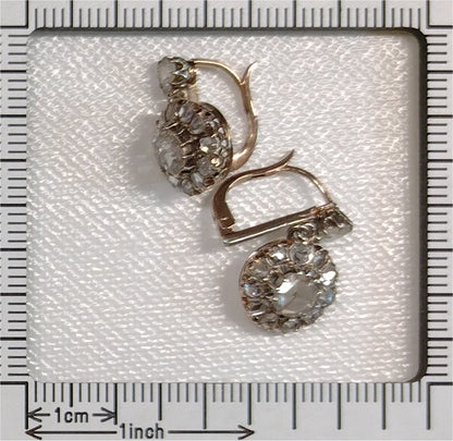 Antique Rose Cut Diamond Cluster Drop Earrings