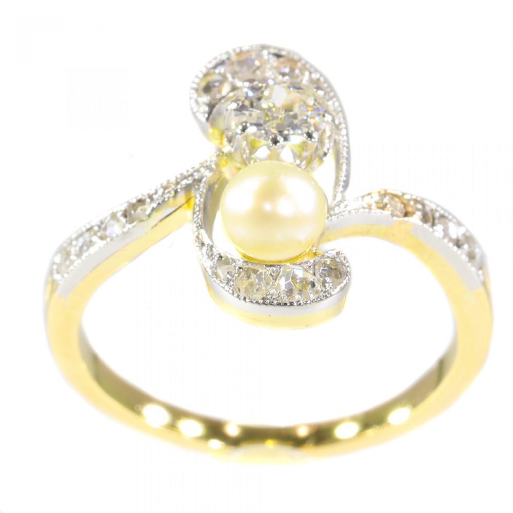 Antique Art Nouveau Diamond and Pearl Two Stone Whiplash Ring