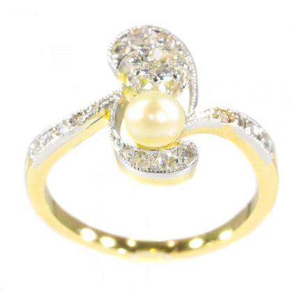 Antique Art Nouveau Diamond and Pearl Two Stone Whiplash Ring