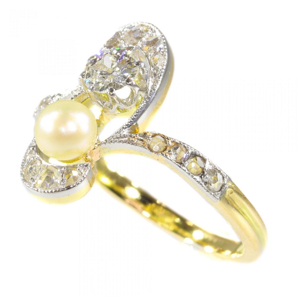 Antique Art Nouveau Diamond and Pearl Two Stone Whiplash Ring