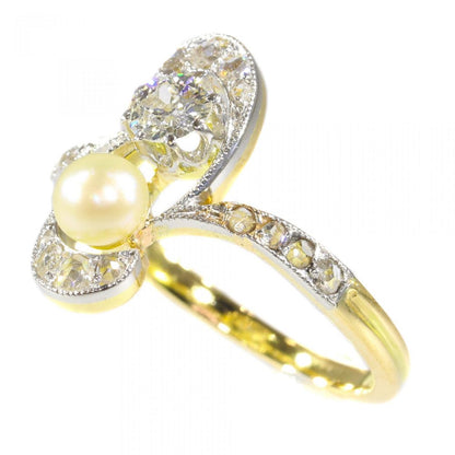 Antique Art Nouveau Diamond and Pearl Two Stone Whiplash Ring