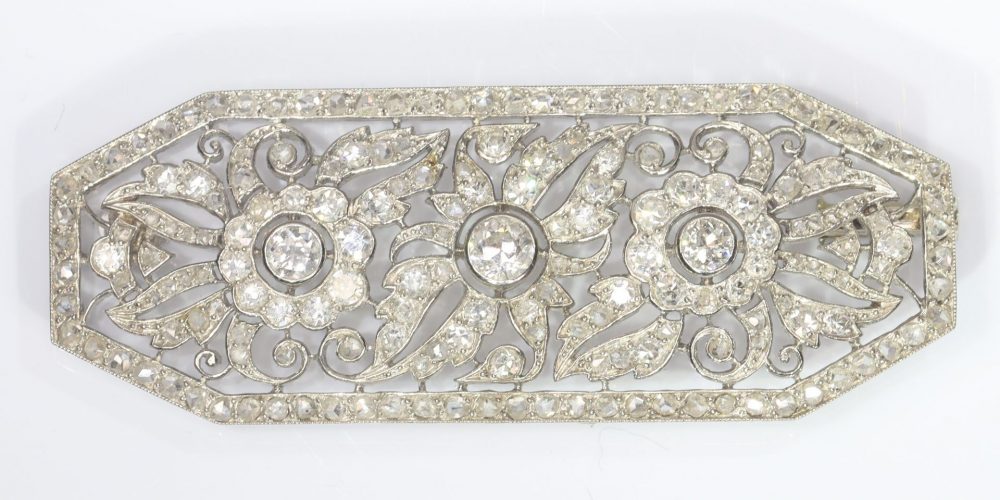 Art Deco French 1.40ct Old Cut Diamond Brooch in Platinum