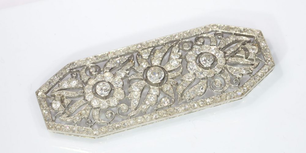 Art Deco French 1.40ct Old Cut Diamond Brooch in Platinum