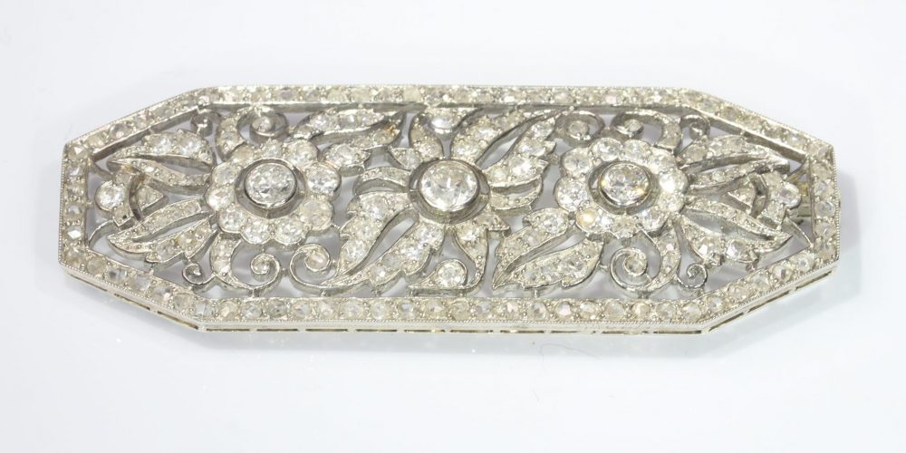 Art Deco French 1.40ct Old Cut Diamond Brooch in Platinum