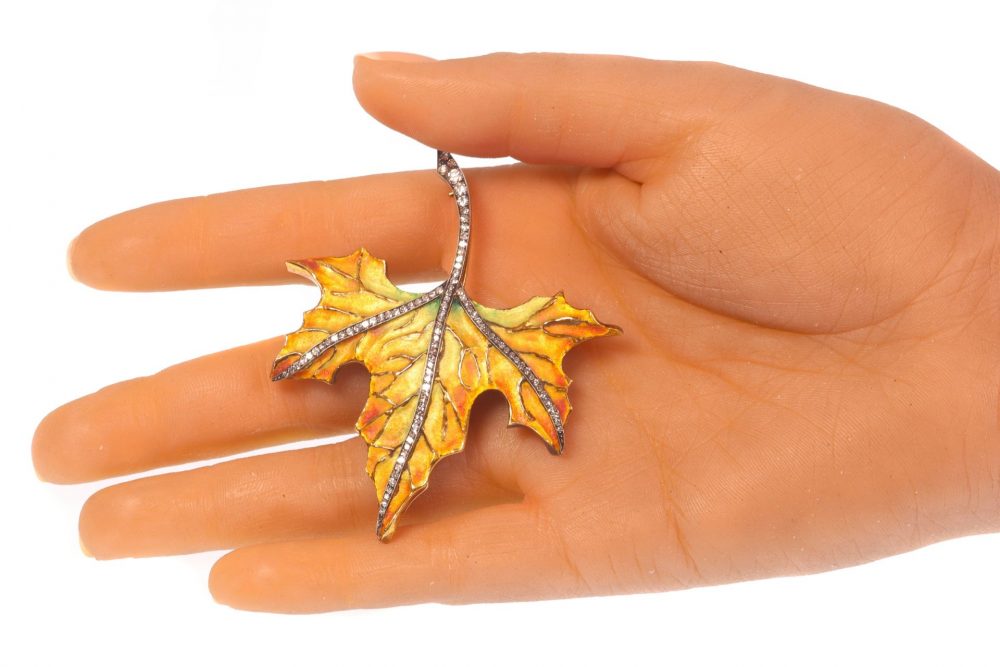 Vintage Autumn Leaf Enamel Brooch with Diamonds