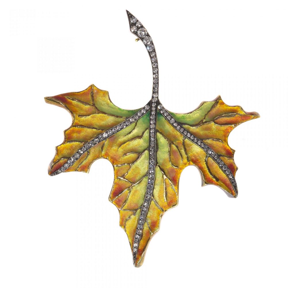 Vintage Autumn Leaf Enamel Brooch with Diamonds