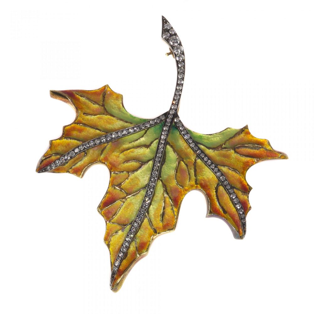 Vintage Autumn Leaf Enamel Brooch with Diamonds
