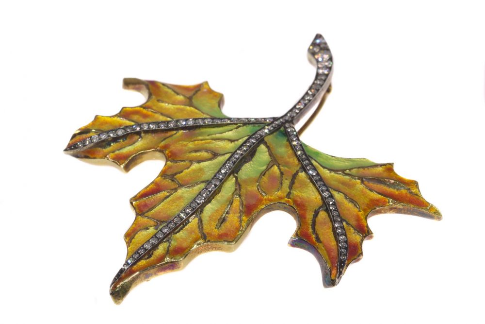 Vintage Autumn Leaf Enamel Brooch with Diamonds