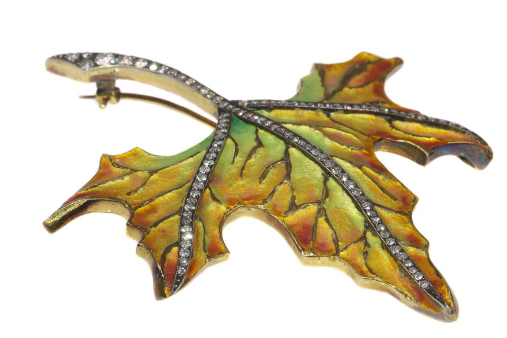 Vintage Autumn Leaf Enamel Brooch with Diamonds