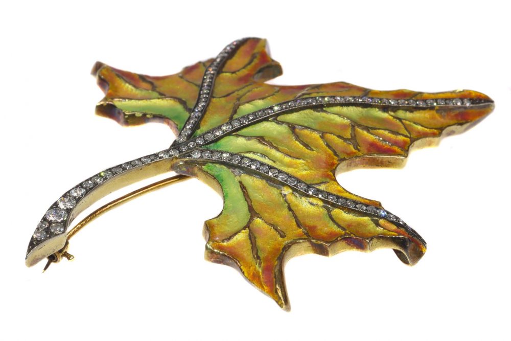 Vintage Autumn Leaf Enamel Brooch with Diamonds