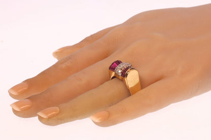 Vintage 1950s Retro Bow Ring with Rubies and Diamonds in 18ct Yellow Gold