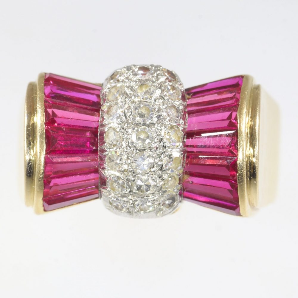 Vintage 1950s Retro Bow Ring with Rubies and Diamonds in 18ct Yellow Gold