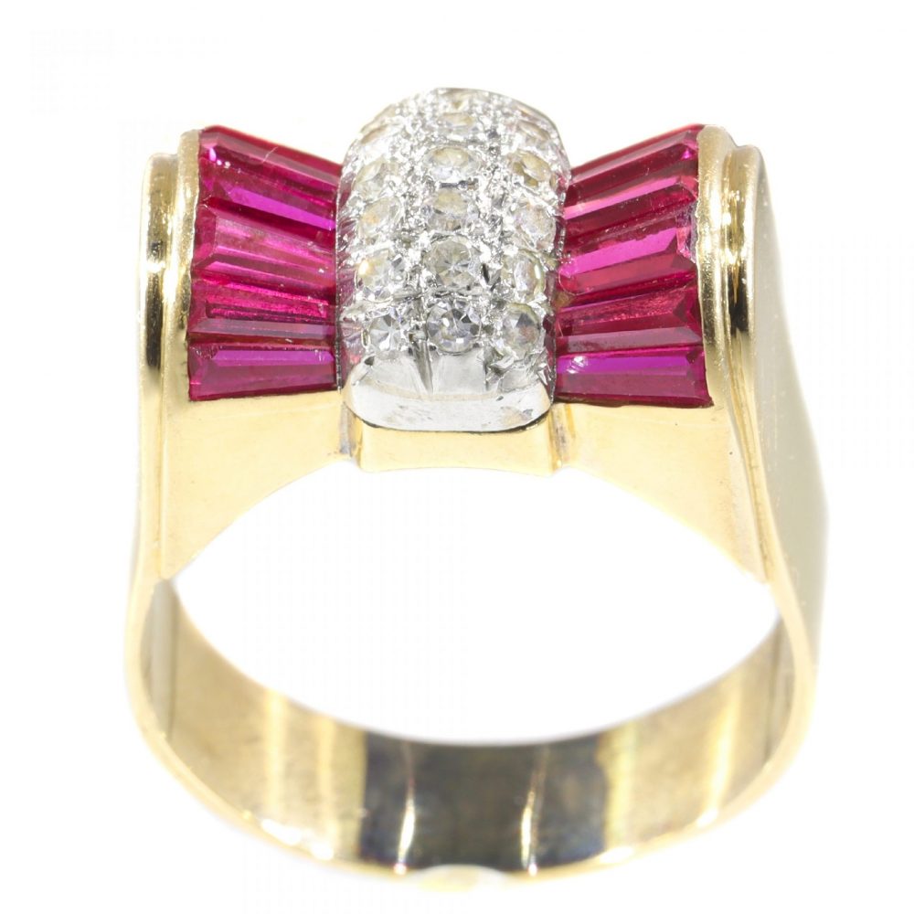 Vintage 1950s Retro Bow Ring with Rubies and Diamonds in 18ct Yellow Gold
