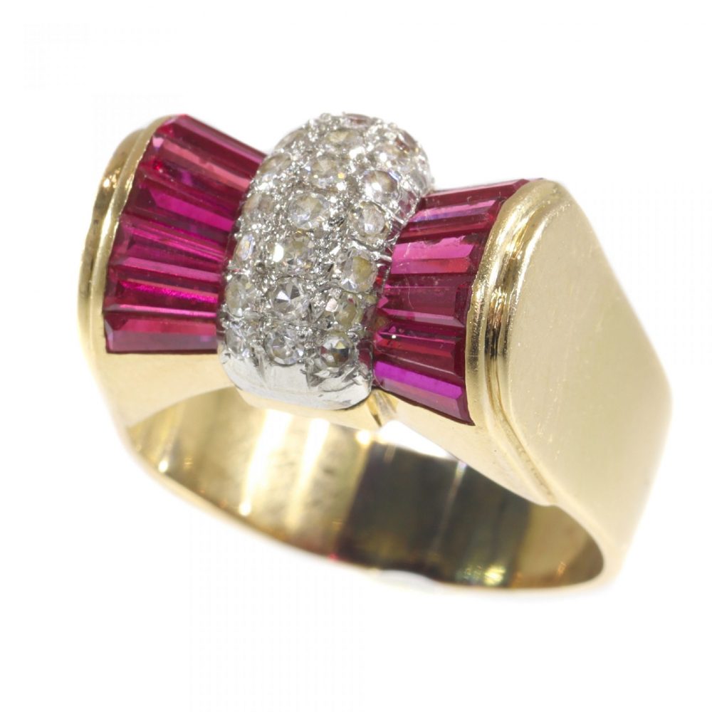 Vintage 1950s Retro Bow Ring with Rubies and Diamonds in 18ct Yellow Gold