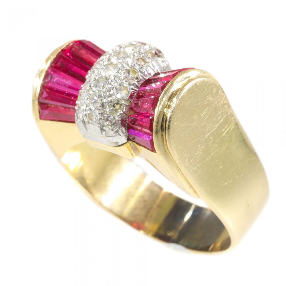 Vintage 1950s Retro Bow Ring with Rubies and Diamonds in 18ct Yellow Gold