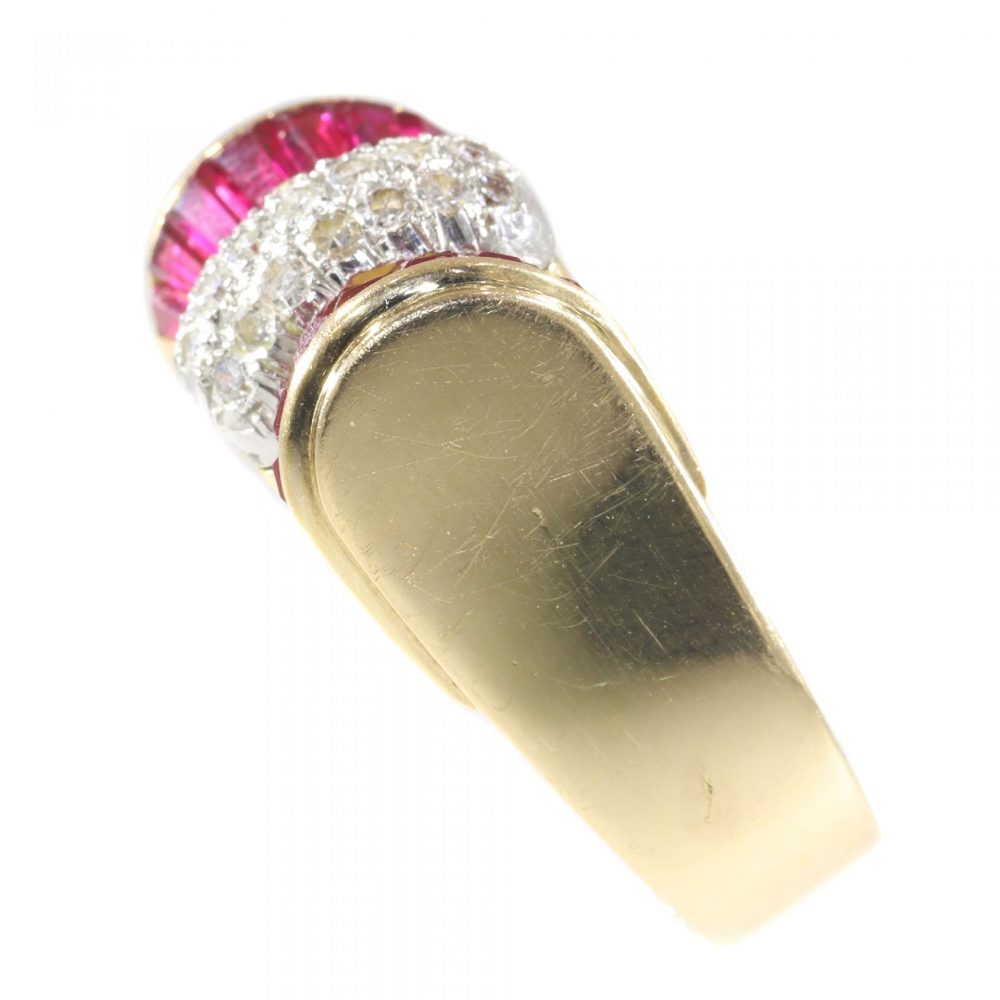 Vintage 1950s Retro Bow Ring with Rubies and Diamonds in 18ct Yellow Gold