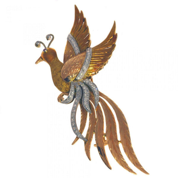Vintage Tri Colour Gold Bird of Paradise Brooch with Diamonds; 18ct yellow, white and rose gold bird of paradise with 0.80cts diamonds and ruby eye, Circa 1950