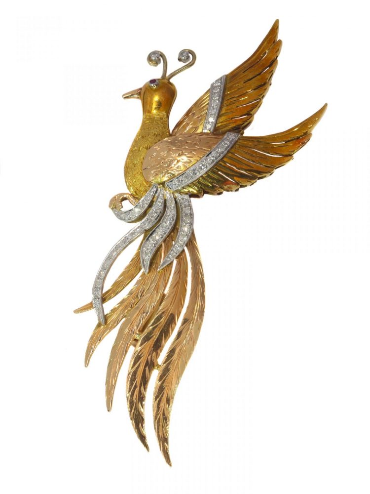 Vintage Tri Colour 18ct Gold Bird of Paradise Brooch with 0.80cts Diamonds and Ruby Eye