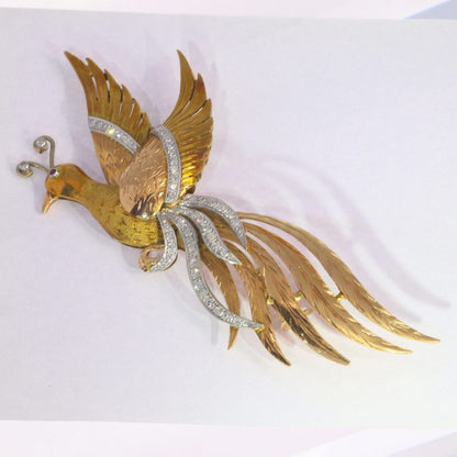 Vintage Tri Colour 18ct Gold Bird of Paradise Brooch with 0.80cts Diamonds and Ruby Eye