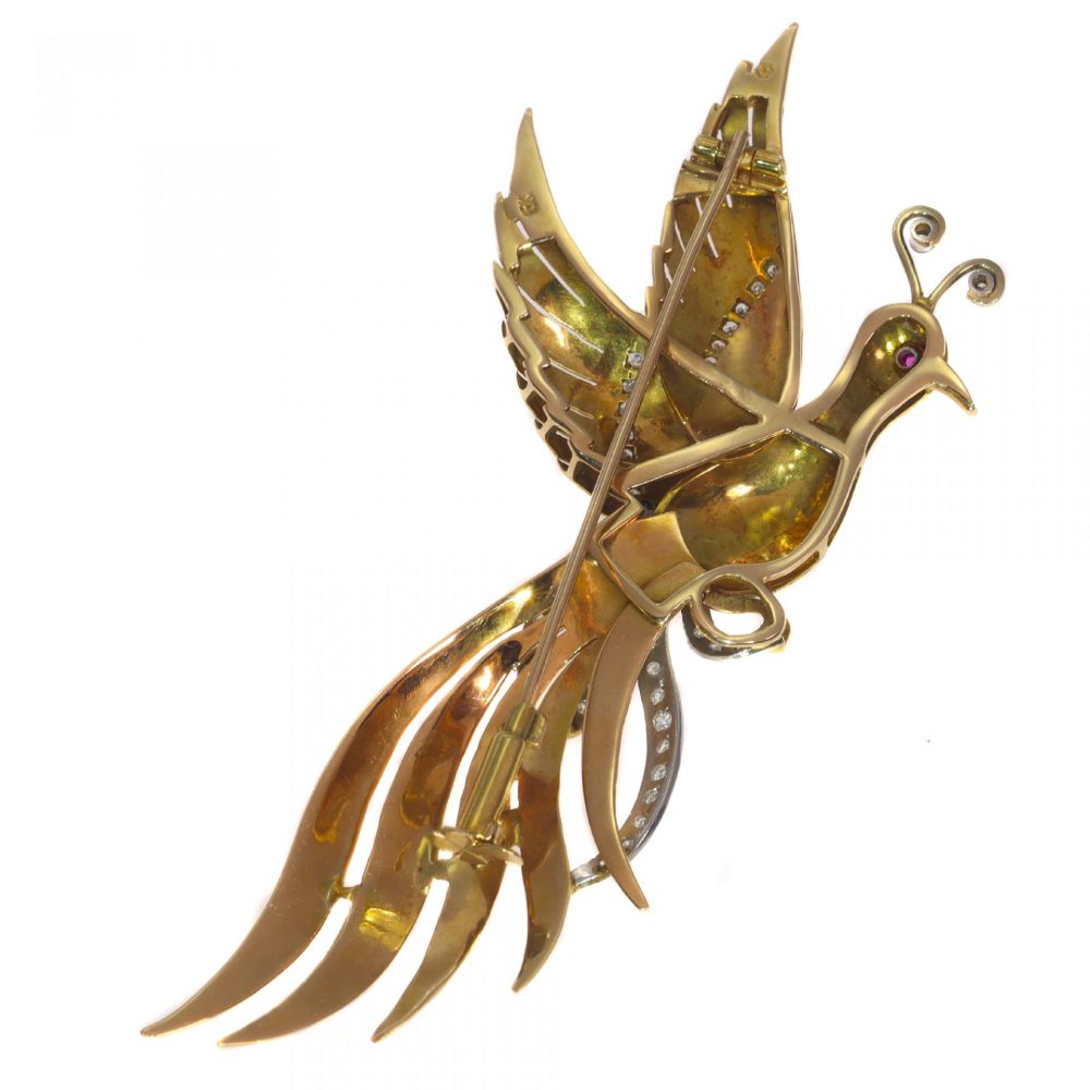 Vintage Tri Colour 18ct Gold Bird of Paradise Brooch with Diamonds