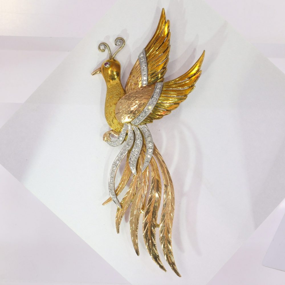 Vintage Tri Colour 18ct Gold Bird of Paradise Brooch with Diamonds