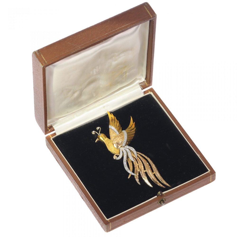Vintage 1950s Tri Colour 18ct Gold Bird of Paradise Brooch with Diamonds