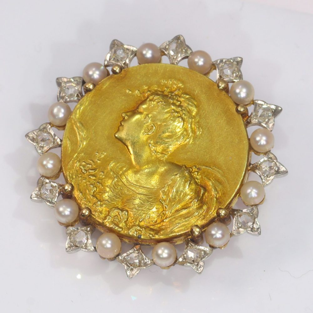 Belle Epoque French Gold Medal Brooch with Rose Cut Diamonds and Seed Pearls