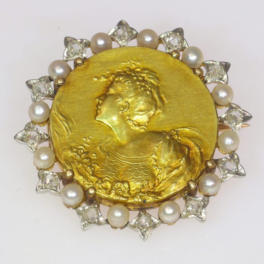 Belle Epoque French Gold Medal Brooch with Rose Cut Diamonds and Seed Pearls