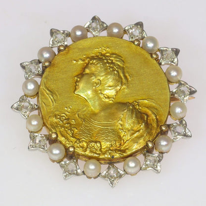 Belle Epoque French Gold Medal Brooch with Rose Cut Diamonds and Seed Pearls