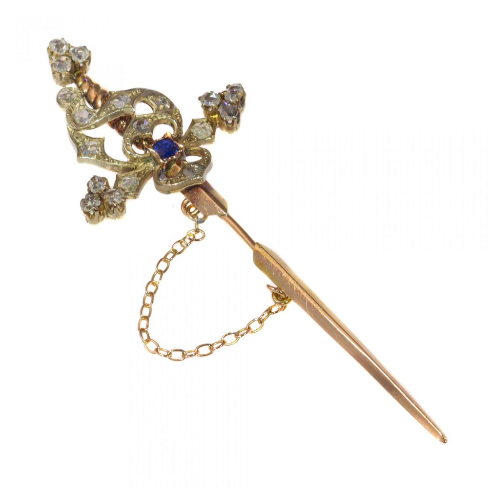Vintage Sword Tiepin with Diamonds and Sapphire in silver-upon-gold, Circa 1930