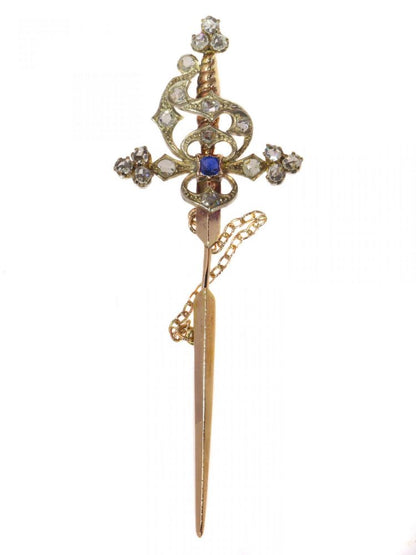 Vintage Sword Tiepin with Diamonds and Sapphire in silver-upon-gold, Circa 1930