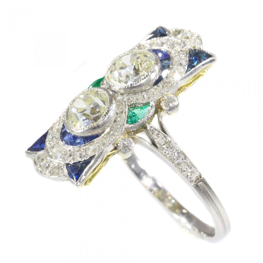 Art Deco Sapphire, Emerald and Diamond Plaque Ring in Platinum