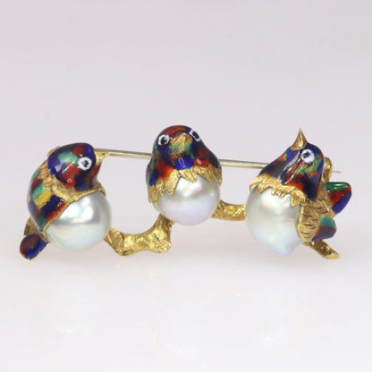 Vintage Italian 18ct Gold, Enamel and Pearl Birds on a Branch Brooch Circa 1970