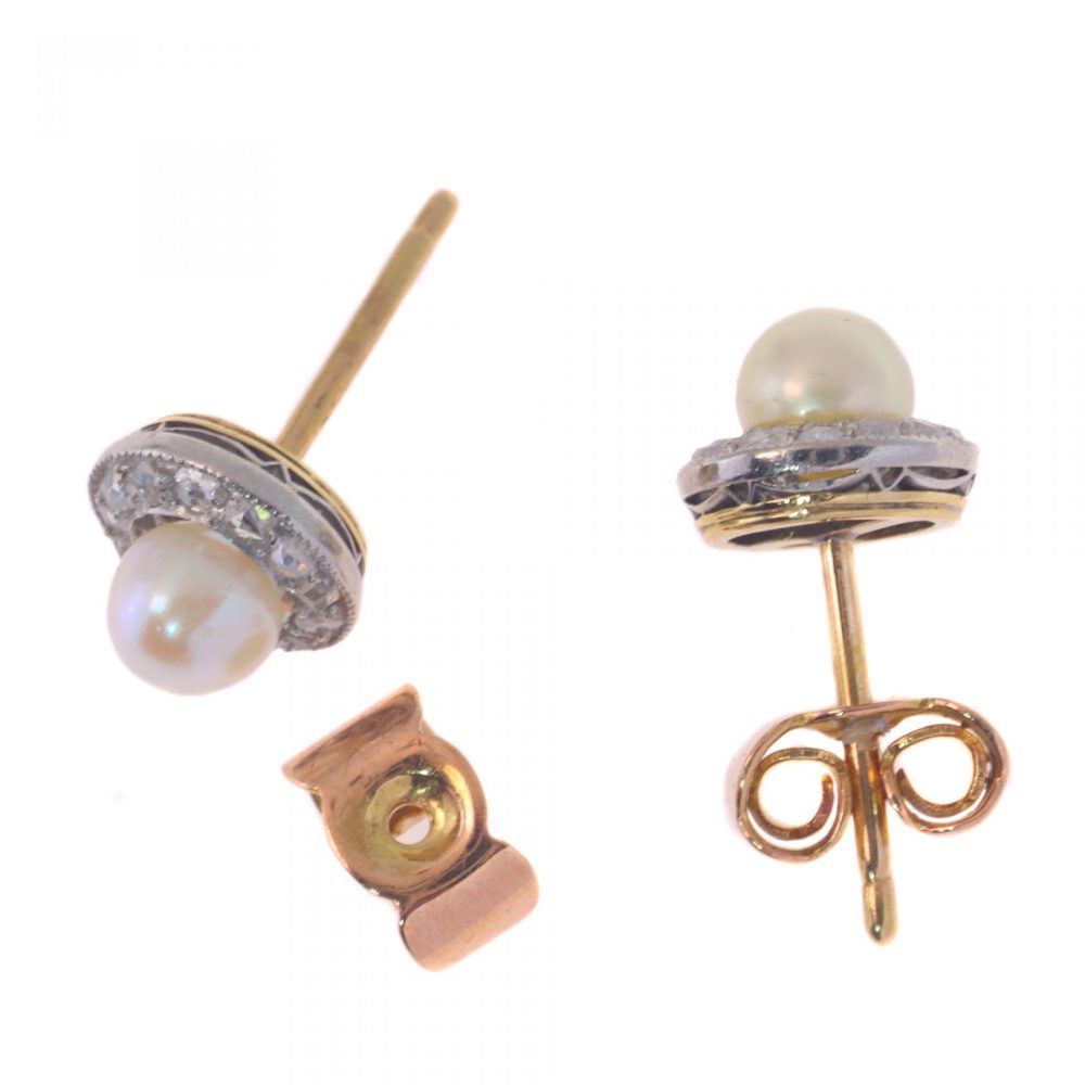Antique Pearl and Diamond Cluster Stud Earrings; featuring saltwater cultured pearls surrounded by rose-cut diamonds, in 18ct rose gold, Circa 1900