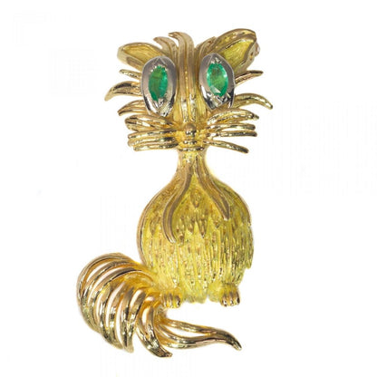 Vintage French 18ct Yellow Gold Cat Brooch with Emerald Eyes, Circa 1950