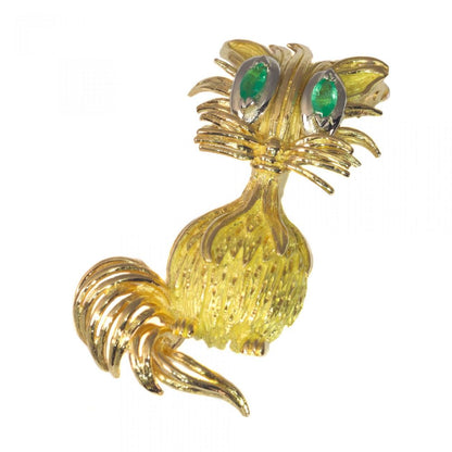 Vintage French 18ct Yellow Gold Cat Brooch with Emerald Eyes, Circa 1950