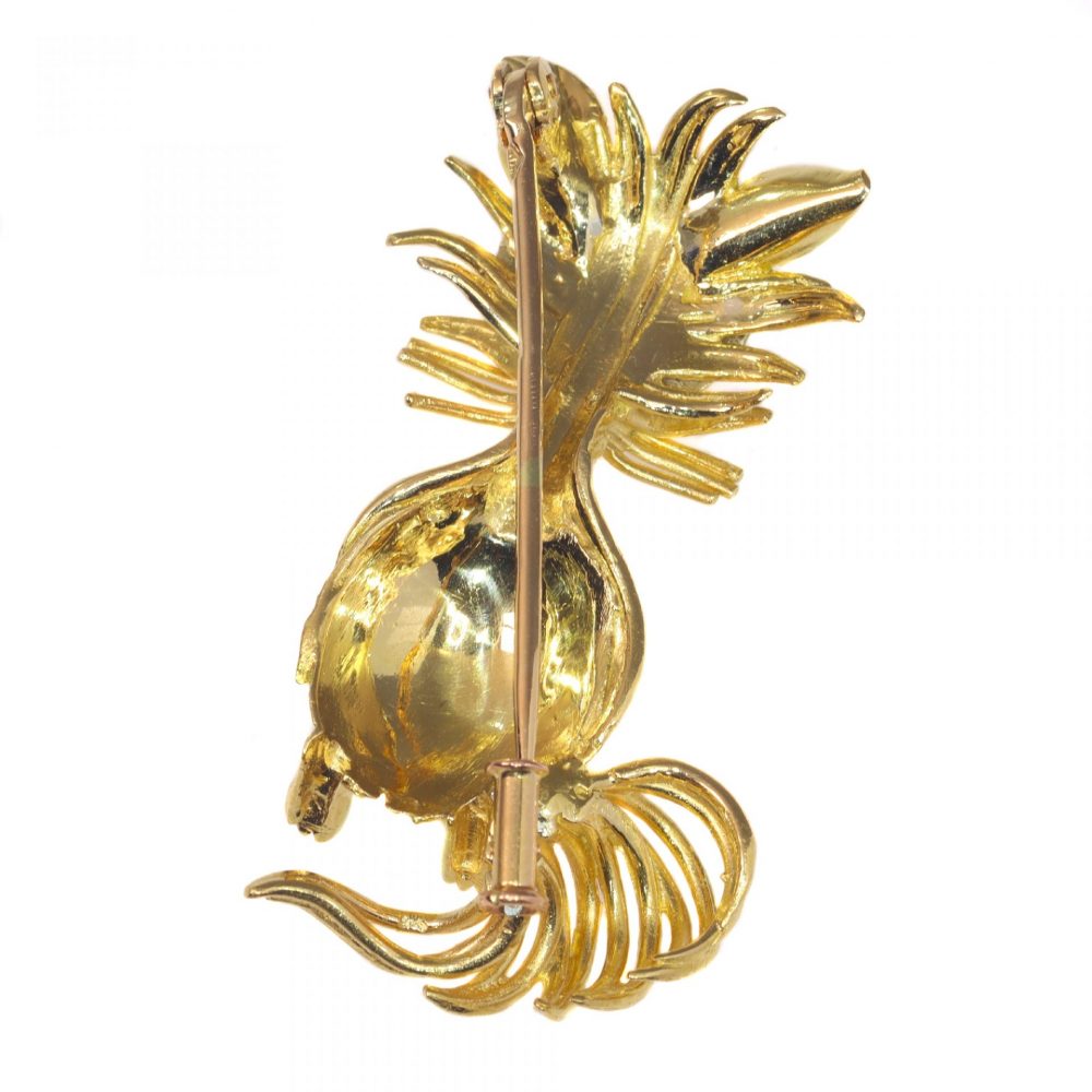 Vintage French 18ct Yellow Gold Cat Brooch with Emerald Eyes, Circa 1950