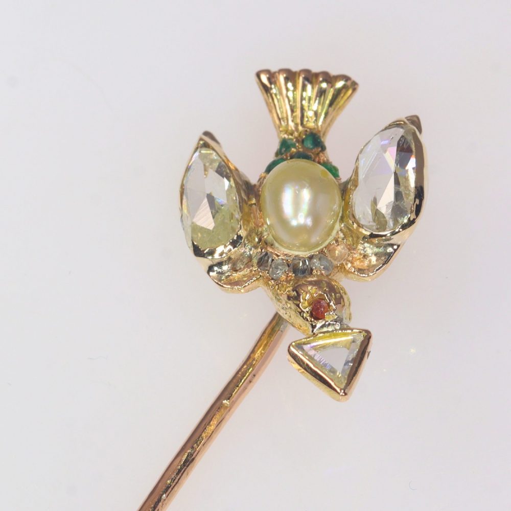 Antique Georgian Bird Stick Pin with Pearl and Rose Cut Diamonds, late 18th century Circa 1770