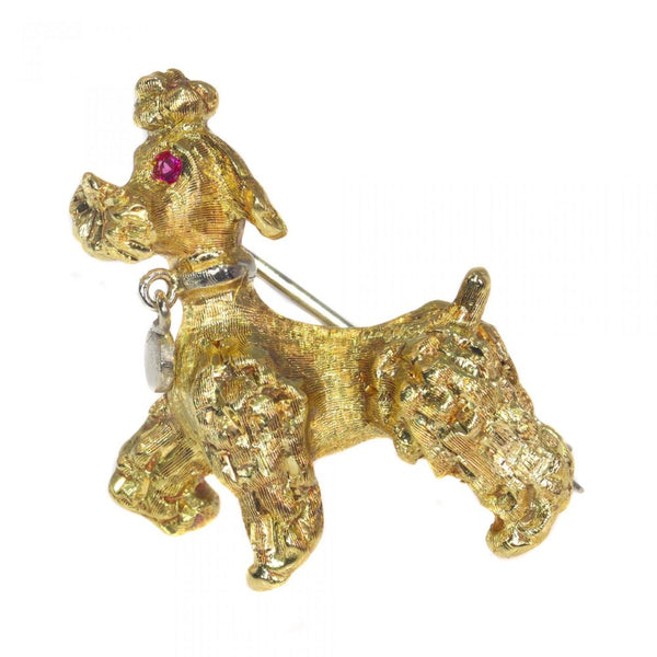 Vintage Italian 18ct Yellow Gold Poodle Dog Brooch with Ruby Eyes; eye-catching gold brooch in the form of a Poodle dog set with rubies to the eyes, Circa 1950s-1960s