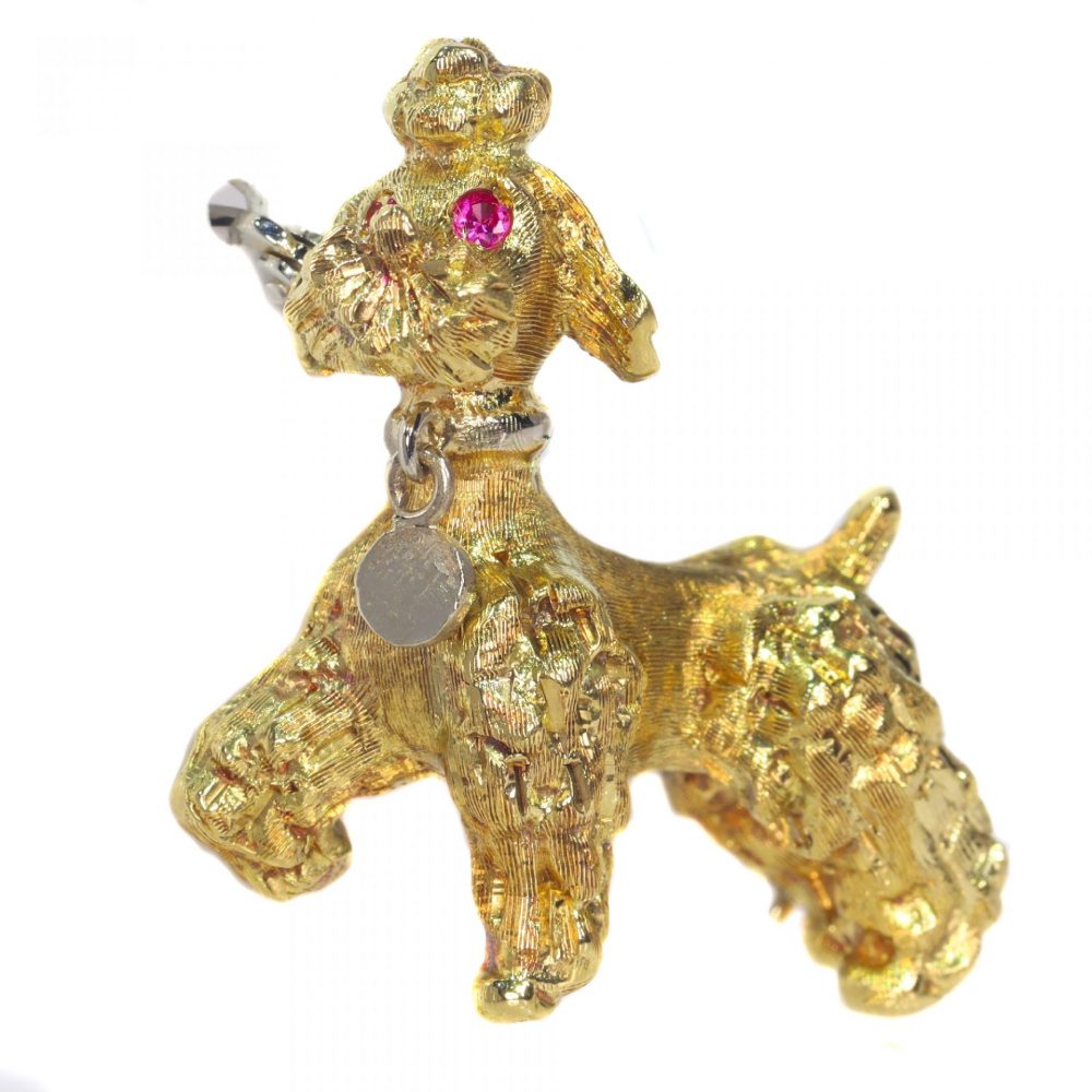 Vintage Italian 18ct Yellow Gold Poodle Dog Brooch with Ruby Eyes, Circa 1950s-1960s