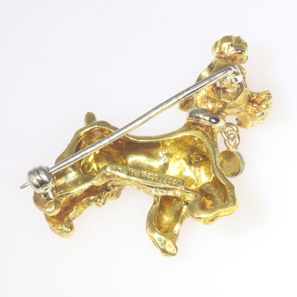Vintage Italian 18ct Yellow Gold Poodle Dog Brooch with Ruby Eyes, Circa 1950s-1960s
