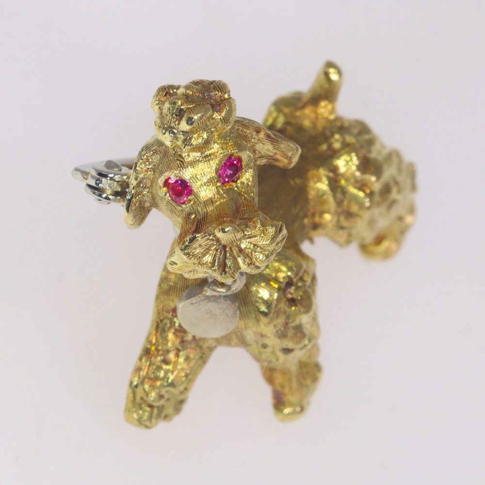 Vintage Italian 18ct Yellow Gold Poodle Dog Brooch with Ruby Eyes, Circa 1950s-1960s