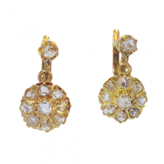 Antique Victorian Rose Cut Diamond Cluster Drop Earrings; crafted from 18ct gold and set with twenty rose-cut diamonds, Circa 1900