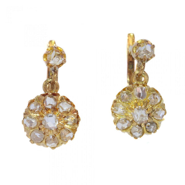 Antique Victorian Rose Cut Diamond Cluster Drop Earrings; crafted from 18ct gold and set with twenty rose-cut diamonds, Circa 1900