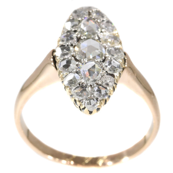 Antique Victorian Rose Cut Diamond Cluster Navette Ring, set with nineteen rose cut diamonds in 18ct rose gold, Late 19th century Circa 1880