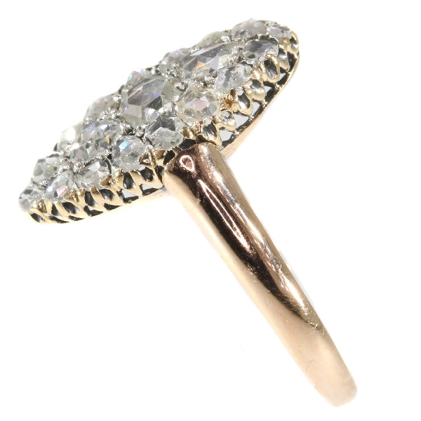 Antique Victorian Rose Cut Diamond Cluster Navette Ring, set with nineteen rose cut diamonds in 18ct rose gold, Late 19th century Circa 1880