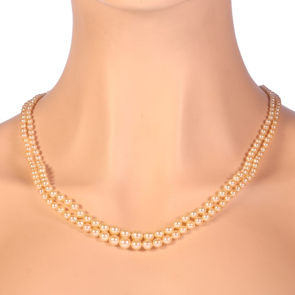 Vintage French Double Strand Pearl Necklace with Diamond Clasp