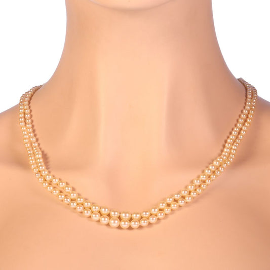 Vintage French Double Strand Pearl Necklace with Diamond Clasp