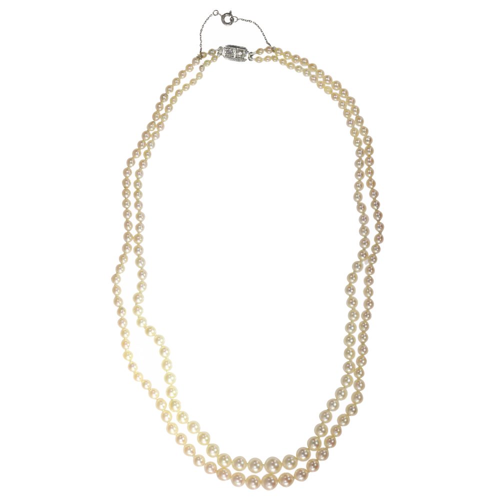 Vintage French Double Strand Pearl Necklace with Diamond Clasp